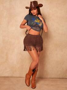 SHEIN SXY 流蘇下擺素色仿麂皮短褲 - 巧克力棕 - 查看 5