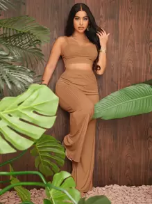 SHEIN SXY unicolor Top de tirantes & Pantalones acampanados - Camel - Ver 1