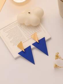 Two Tone Triangle Stud Earrings - Royal Blue - View 4
