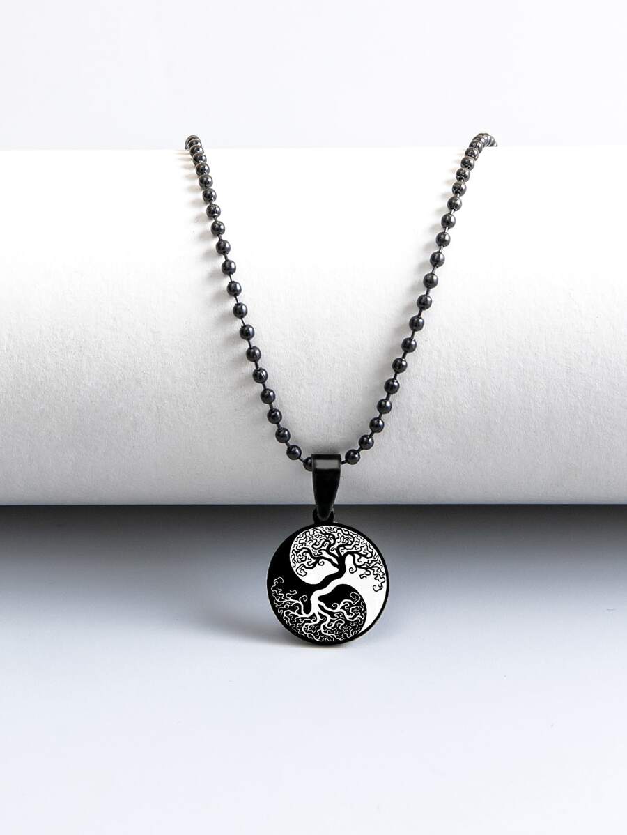 1pc Fashionable Stainless Steel Tree Pattern Round Charm Necklace For Men For Daily Decoration for Jewelry Gift - Black and White - View 1