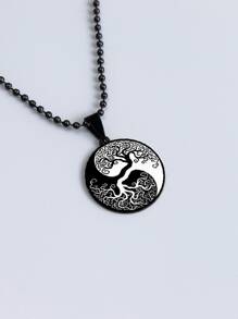 1pc Fashionable Stainless Steel Tree Pattern Round Charm Necklace For Men For Daily Decoration for Jewelry Gift - Black and White - View 4