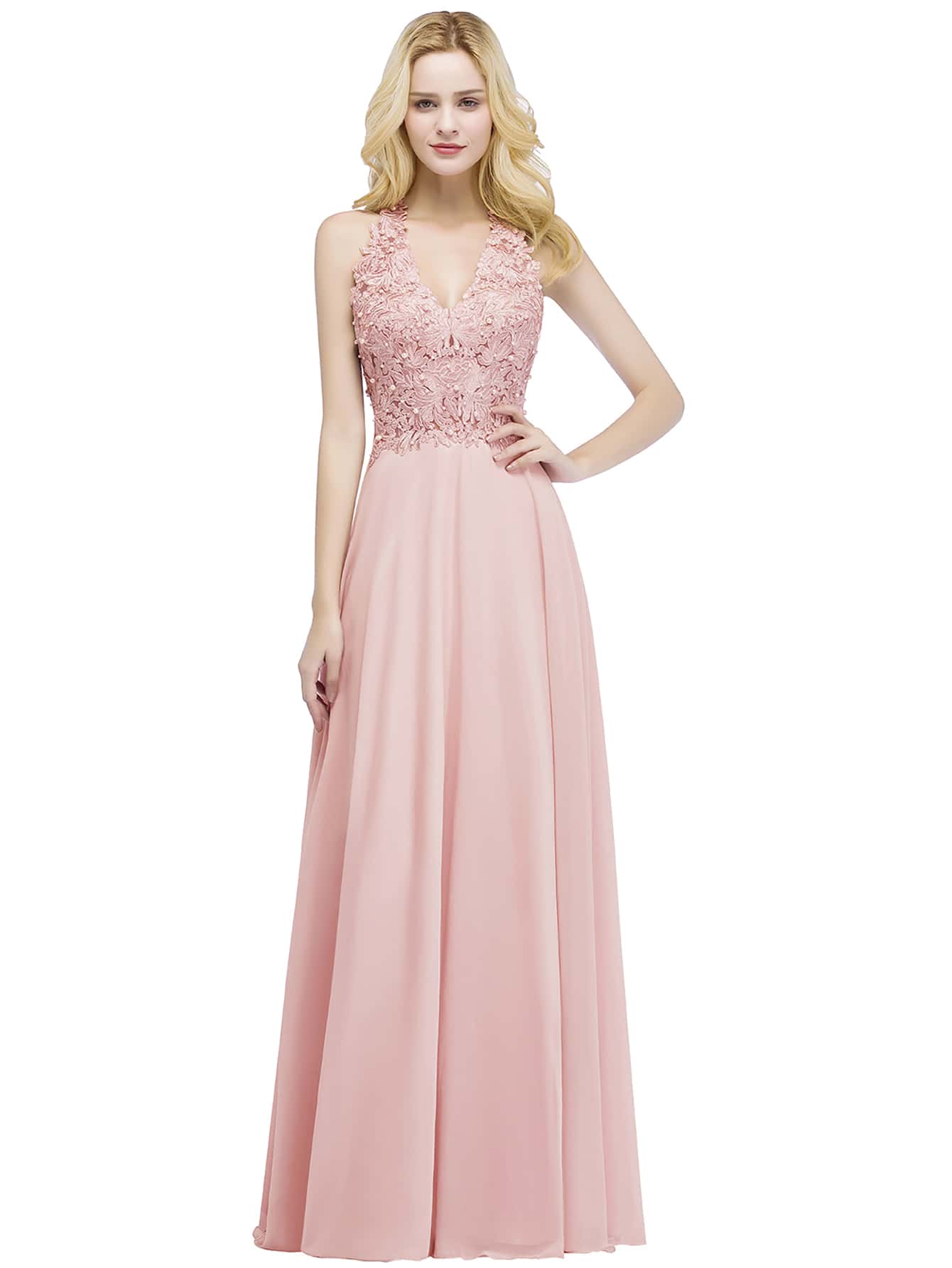 BABYONLINE D.R.E.S.S. Guipure Lace Appliques V Neck Chiffon Formal Dress - Pink - View 1