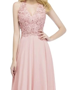 BABYONLINE D.R.E.S.S. Guipure Lace Appliques V Neck Chiffon Formal Dress - Pink - View 3