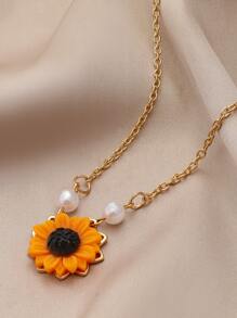 Dellgoo 1 件银色简约仿珍珠向日葵吊坠项链，适合女士情人节 - 金色 - 查看 2