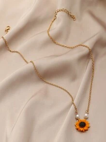 Dellgoo 1 件银色简约仿珍珠向日葵吊坠项链，适合女士情人节 - 金色 - 查看 3