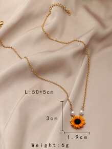 Dellgoo 1 件银色简约仿珍珠向日葵吊坠项链，适合女士情人节 - 金色 - 查看 4