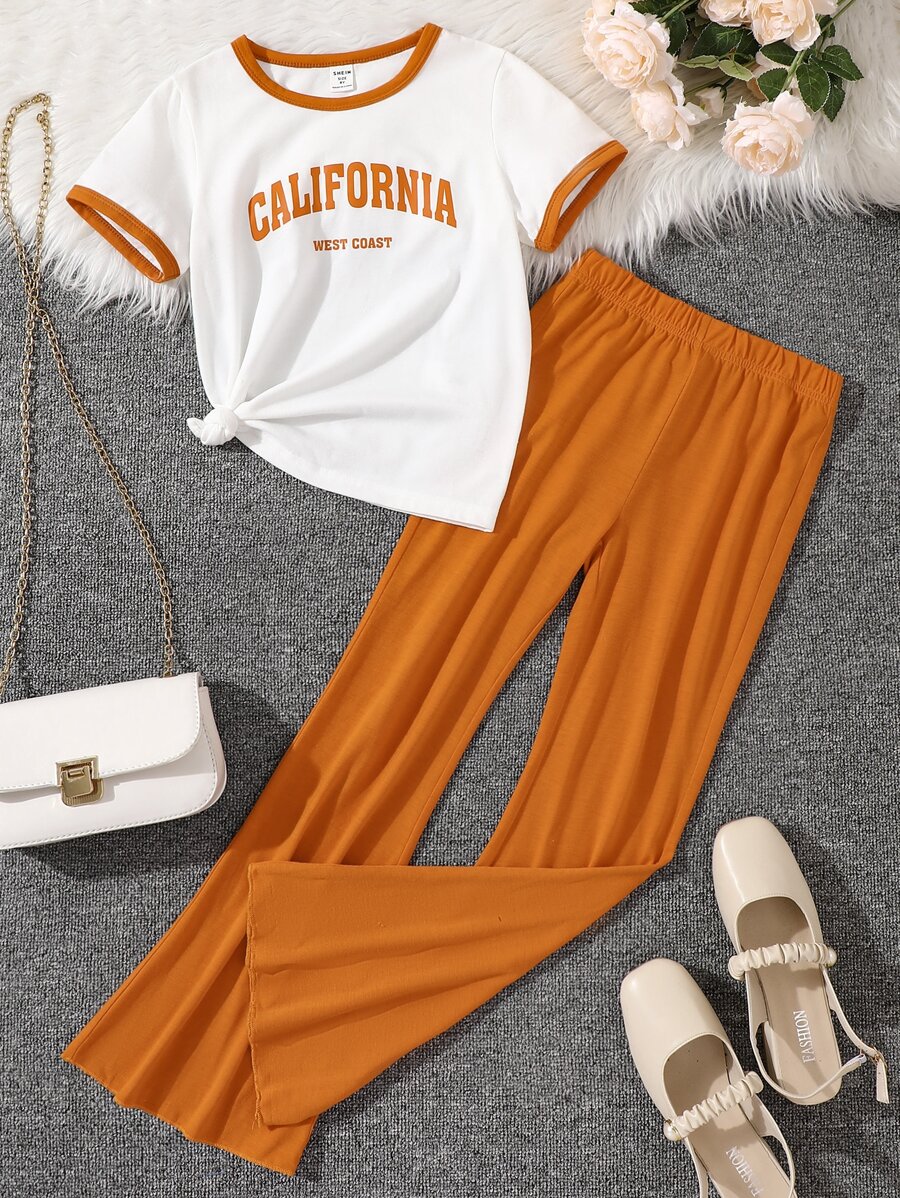 Girls Letter Graphic Contrast Binding Tee & Flare Leg Trousers - Multicolor - View 1