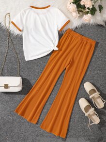Girls Letter Graphic Contrast Binding Tee & Flare Leg Trousers - Multicolor - View 2