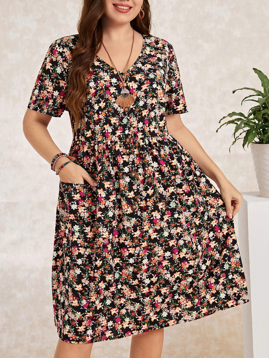 EMERY ROSE Plus Allover Floral Print Dual Pocket Smock Dress - Multicolor - View 1