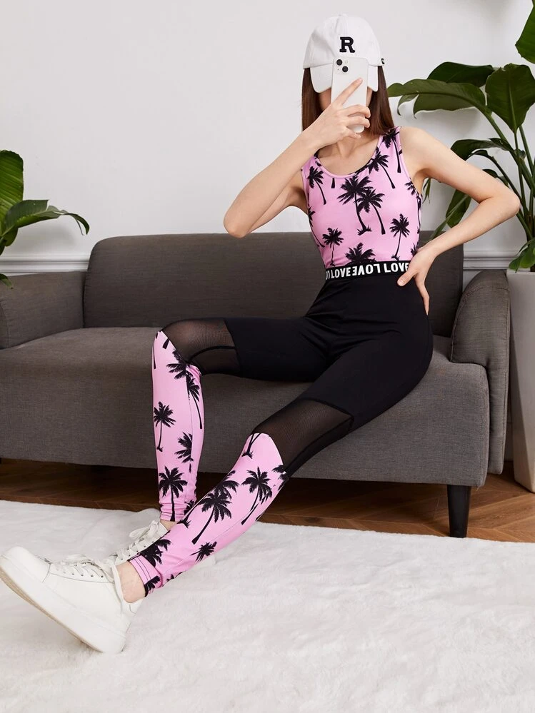 SHEIN Chicas adolescentes con estampado tropical Top tank & de cintura con cinta con letra de malla Leggings - Multicolor - Añade 1