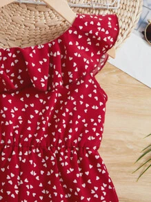SHEIN Red Heart Pattern Ruffle Trim Girl Romper, Valentine's Day - Red and White - View 4