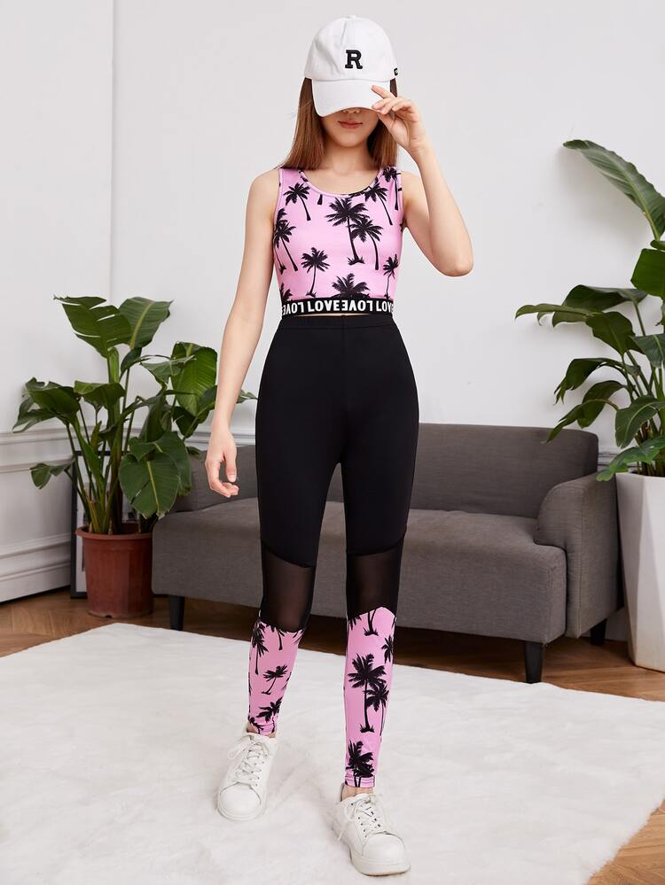 SHEIN Chicas adolescentes con estampado tropical Top tank & de cintura con cinta con letra de malla Leggings - Multicolor - Añade 4