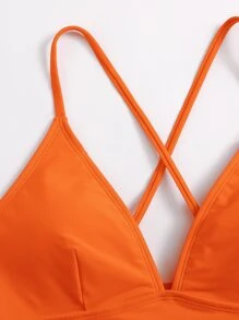 Swim Basics Summer Beach Solid Criss Cross Back Bikini Top - Orange - View 3