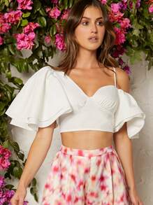 SHEIN Unity Áo crop top tay cánh bướm bất đối xứng thanh lịch - trắng - Xem 1