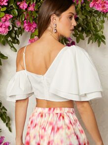 SHEIN Unity Áo crop top tay cánh bướm bất đối xứng thanh lịch - trắng - Xem 2