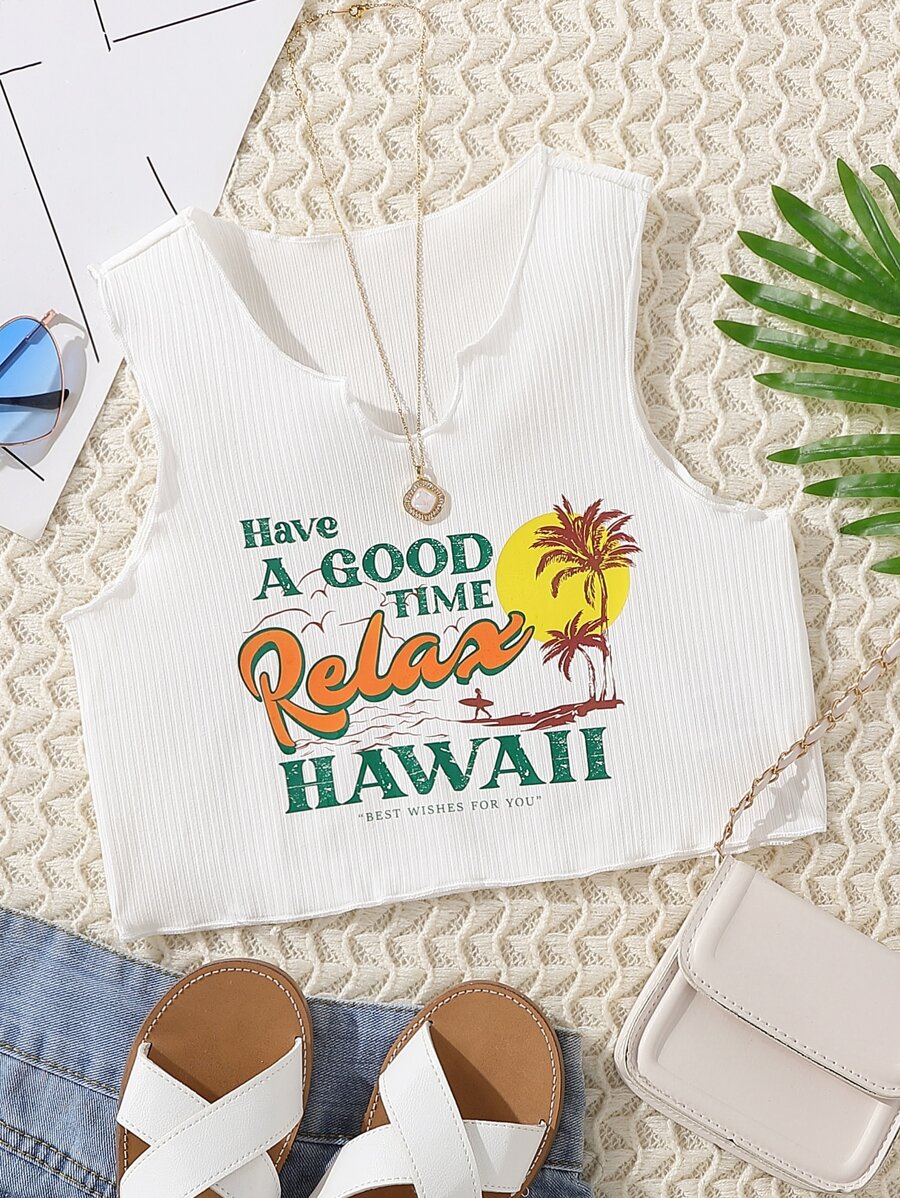 SHEIN Tween Girl Letter & Tropical Print Tank Top - White - View 1