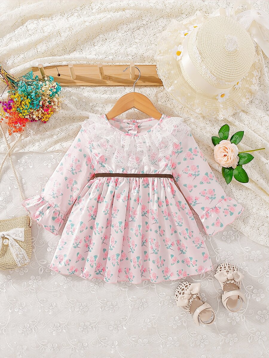 Bebé Vestido con estampado floral ribete con fruncido de manga con volante - Rosa - Ver 1