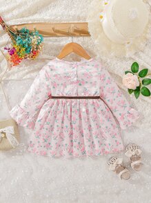 Bebé Vestido con estampado floral ribete con fruncido de manga con volante - Rosa - Ver 2