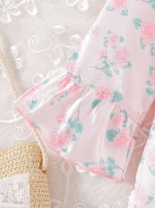 Bebé Vestido con estampado floral ribete con fruncido de manga con volante - Rosa - Ver 3