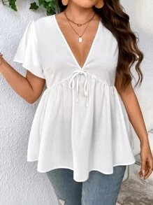 SHEIN VCAY 大碼前打結荷葉邊下擺襯衫 - 白色 - 查看 2