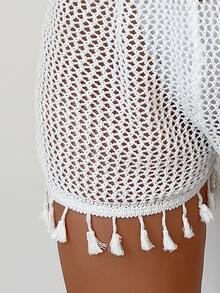 Hollow Out Tassel Trim Crochet Shorts - White - View 3