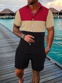 Manfinity RSRT Men 1pc Colourblock Shirt & 1pc Drawstring Waist Shorts - Multicolor - View 1