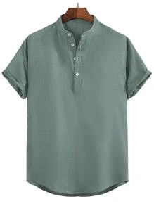 Manfinity Homme Men's Casual Solid Color Short Sleeve Half Button Shirt, Summer - Green - View 1