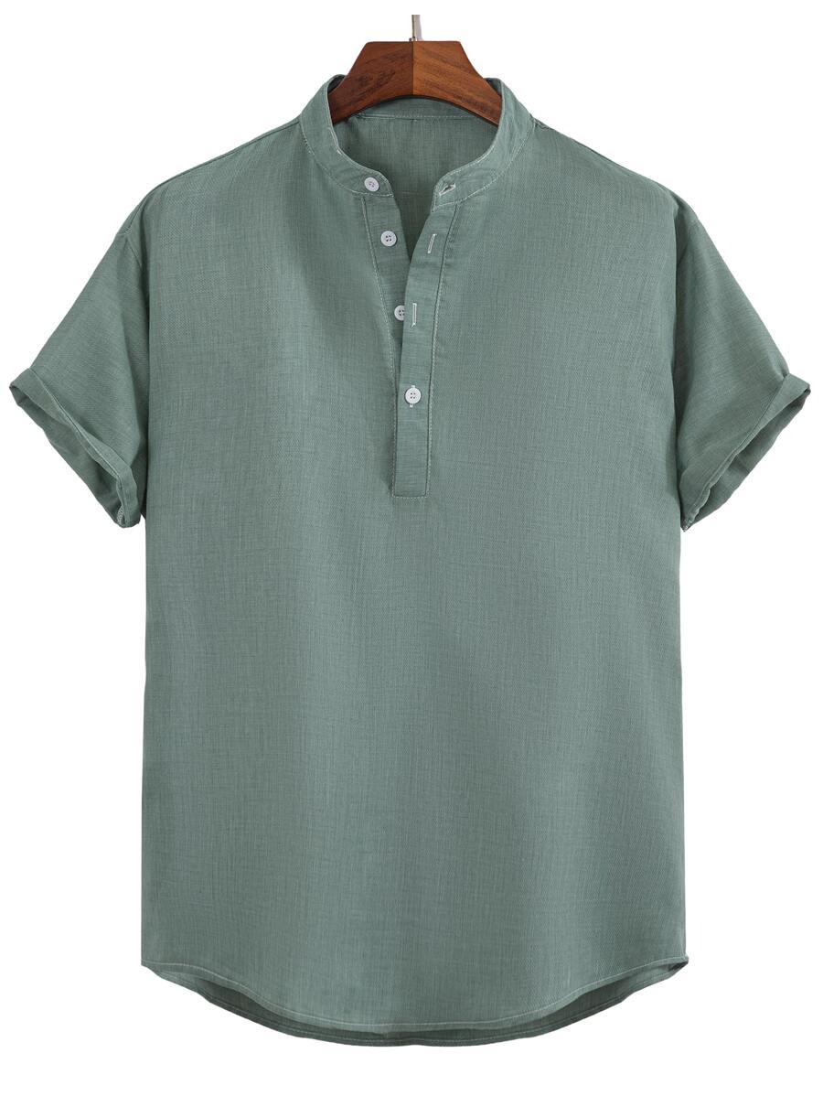 Manfinity Homme Men's Casual Solid Color Short Sleeve Half Button Shirt, Summer - Green - View 1