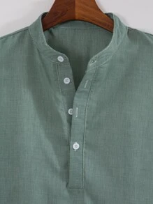 Manfinity Homme Men's Casual Solid Color Short Sleeve Half Button Shirt, Summer - Green - View 3