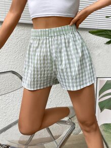 SHEIN EZwear 格子圖案彈性腰帶短褲 - 綠色 - 查看 4