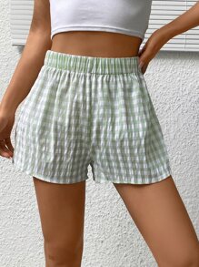 SHEIN EZwear 格子圖案彈性腰帶短褲 - 綠色 - 查看 5