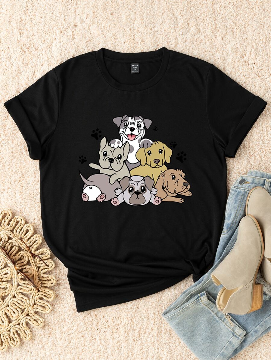 SHEIN LUNE 大碼卡通圖案T恤 - 黑色 - 查看 1