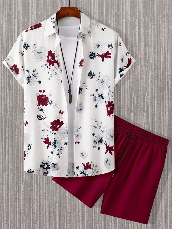 Manfinity RSRT Men Casual Floral Print Shirt & Drawstring Waist Shorts Without Tee, Going Out