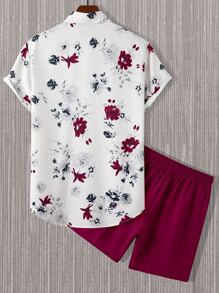 OTTIMOZO Áo sơ mi họa tiết hoa thường ngày cho nam và quần short cạp rút không có áo phông, đi chơi - Đỏ và trắng - Xem 2