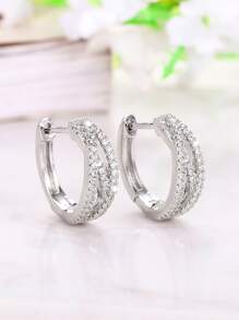 Cubic Zirconia Decor Hoop Earrings - Silver - View 4