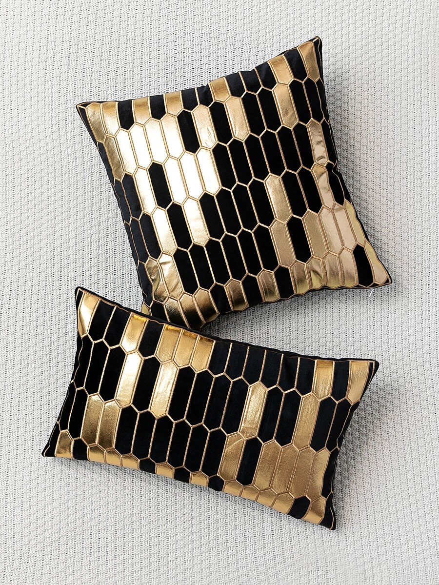 1 件拼色天鵝絨刺繡工藝枕頭套無填充 - 金色 - 查看 1