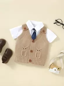 嬰兒貓頭鷹樣式無袖開襟衫 - 卡其色 - 查看 1