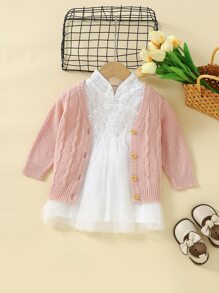 Baby Cable Knit Cardigan - Pink - View 1