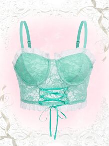ROMWE Kawaii Floral Lace Lace-up Bralette - Mint Green - View 1