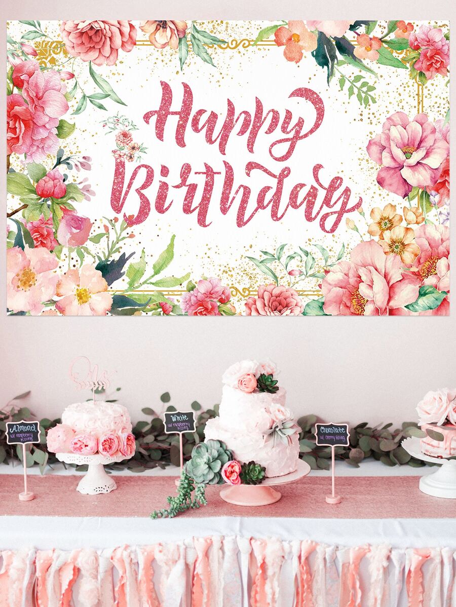 Flower Print Birthday Party Backdrop, Polyester Decoration Banner, Background Cloth For Birthday Party - Multicolor - View 1
