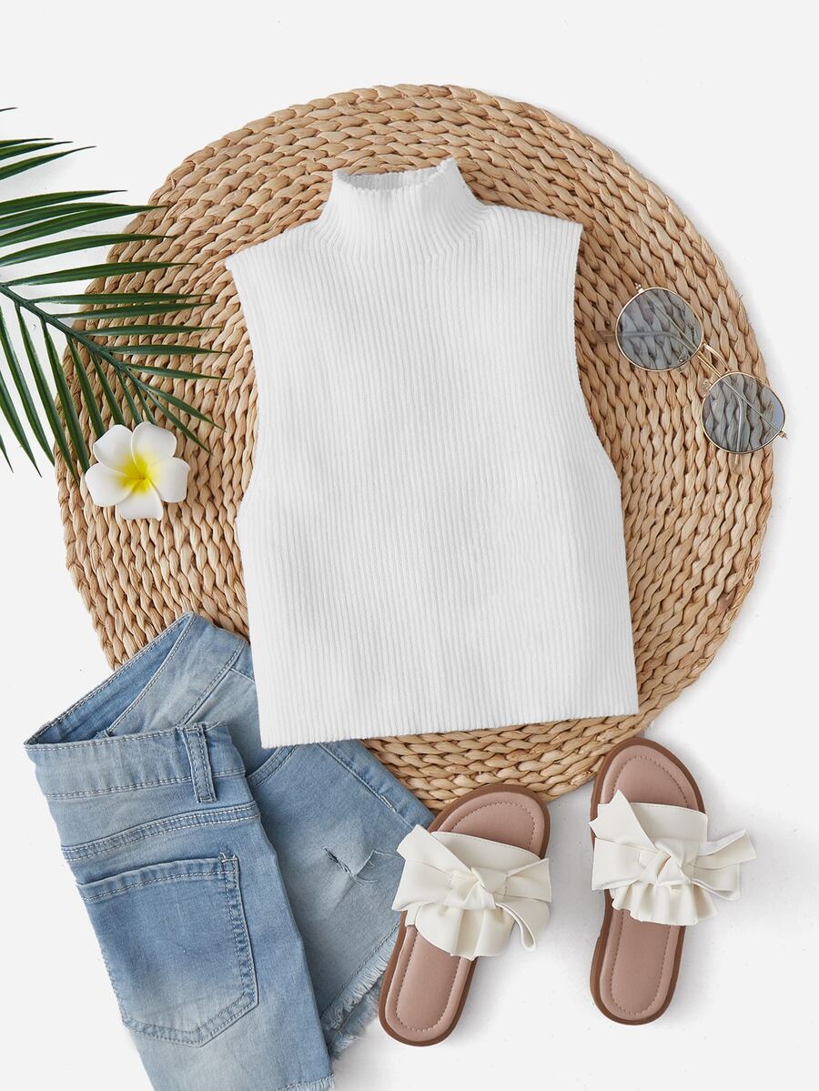 Girls Ribbed Knit Mock Neck Knit Top - White - View 1