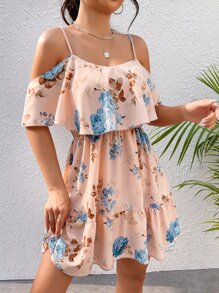 SHEIN Clasi Romantic Flower And Plant Printed Off-The-Shoulder Ruffle Strap Vacation Summer Dress Dresses Graduation - Multicolor - View 4