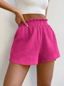 SHEIN EZwear 紙袋腰闊腿短褲 - 玫紅色 - 查看 4