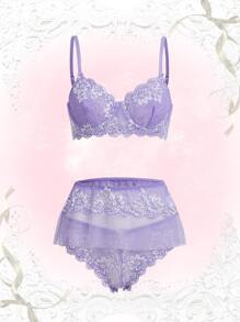 ROMWE Kawaii 3pack Floral Lace Underwire Lingerie Set - Lilac Purple - View 1