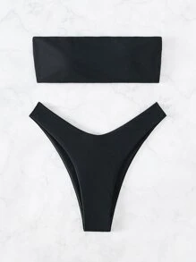 Swim Basics Summer Beach Rib Bandeau High Cut Bikini Set - Black - View 4