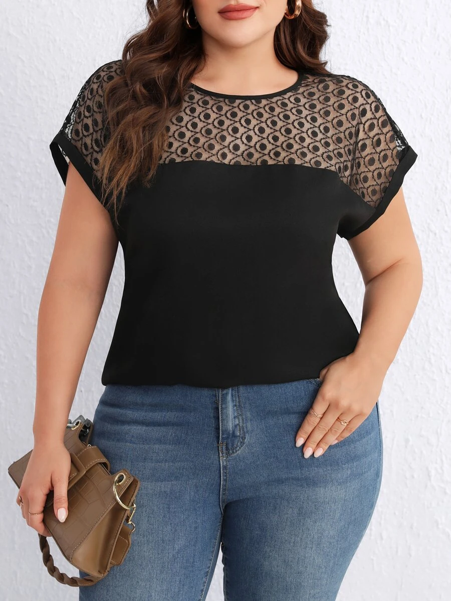SHEIN Clasi Blusa con encaje en contraste de manga murciélago - Negro - Ver 1