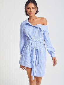 CARLO CIMMINO Women Dresses Asimetris Berikat Tombol Depan Striped Casual - Blue and White - View 2