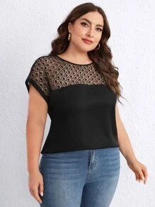 SHEIN Clasi Blusa con encaje en contraste de manga murciélago - Negro - Ver 3
