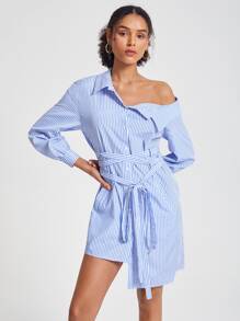 CARLO CIMMINO Women Dresses Asimetris Berikat Tombol Depan Striped Casual - Blue and White - View 5