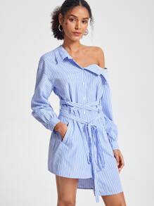 CARLO CIMMINO Women Dresses Asimetris Berikat Tombol Depan Striped Casual - Blue and White - View 1